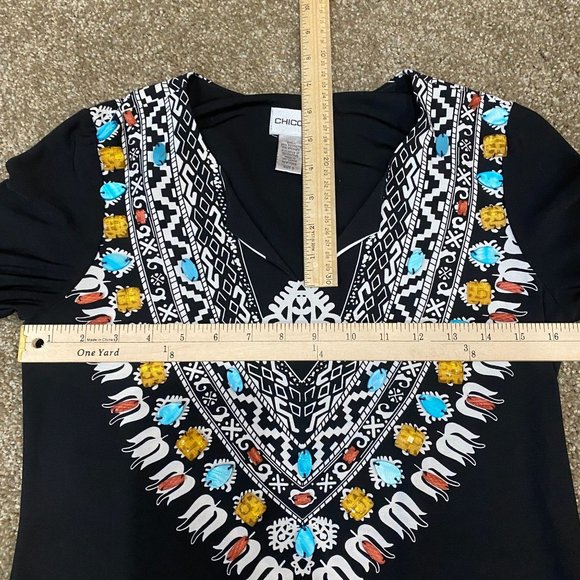 Chico's Beaded Southwestern Dress Size Small 0, Size 4 Stretch Colorful Bell Sle - Picture 8 of 12